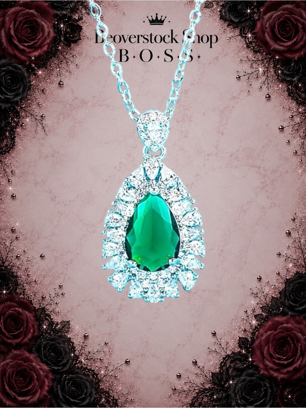 New Vintage .925 Sterling Silver Teardrop Emerald Gemstone Pendant Necklace